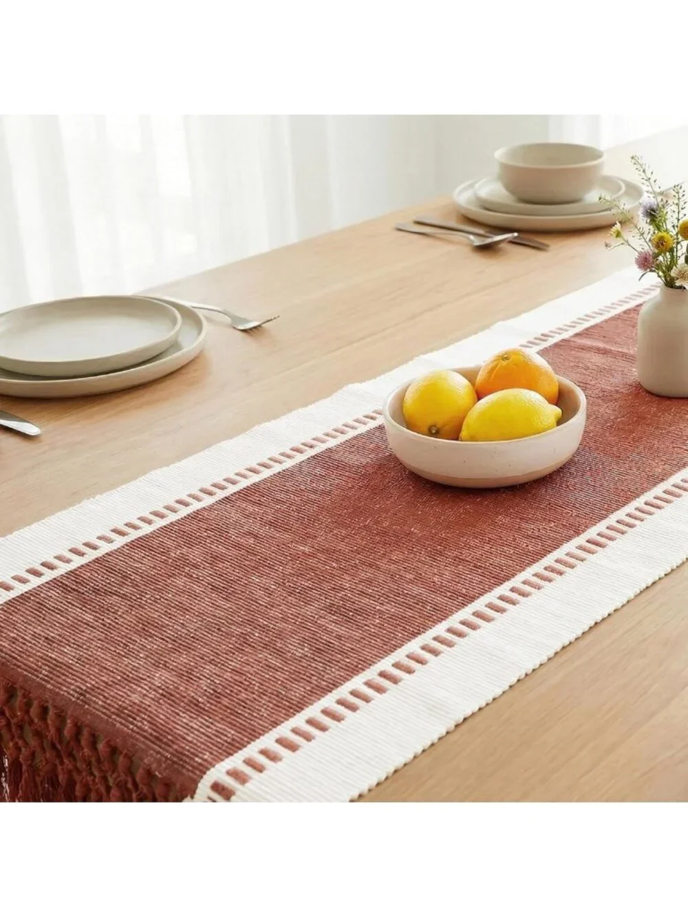 Rustic Table Runner - Wide Dobby Stripe, Heavy Ribbed Weave, Fringed 14x90